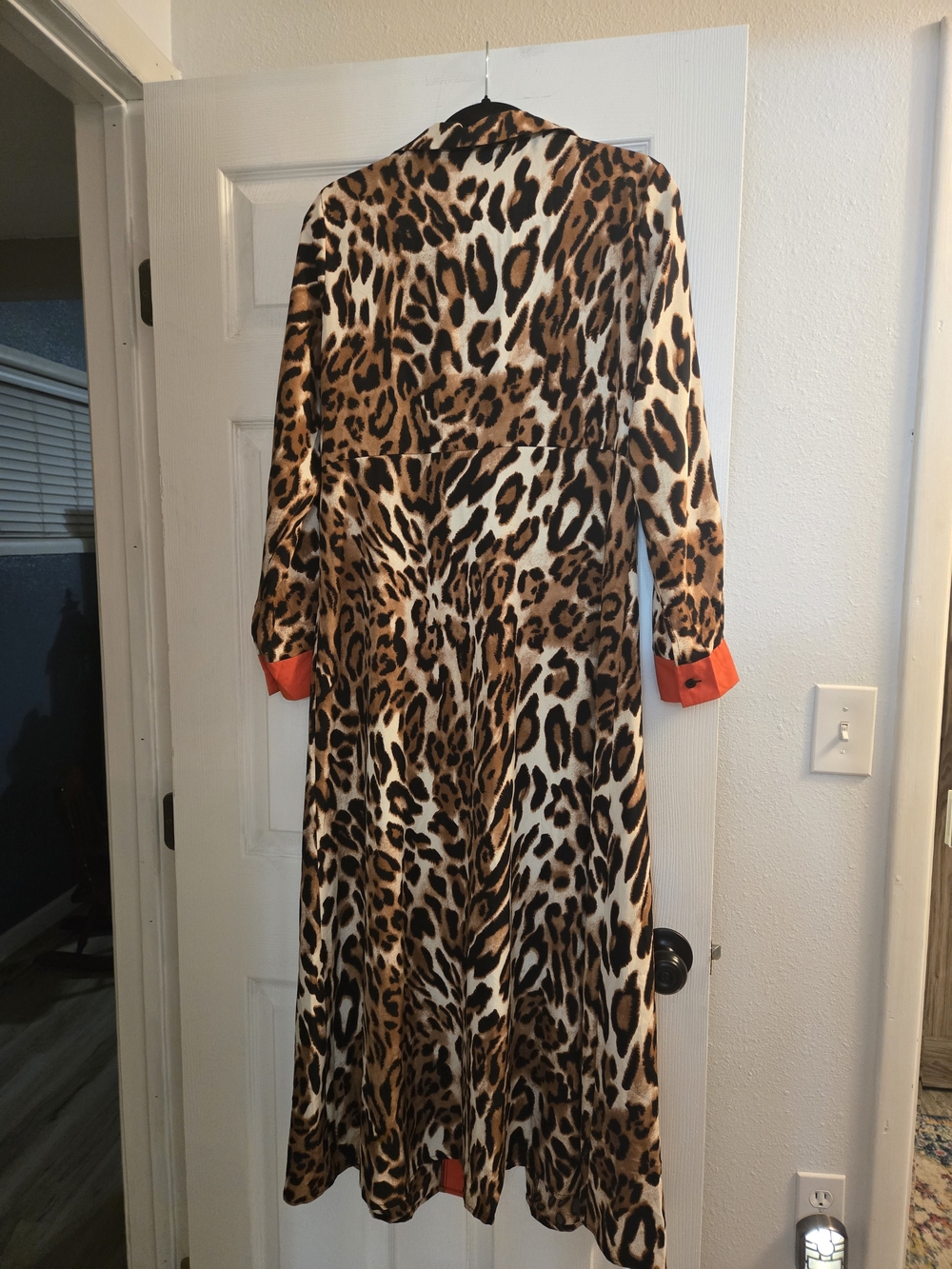 Lightweight Leopard Print Button-Down Duster with Bright Red Trim - Picture 2 of 7
